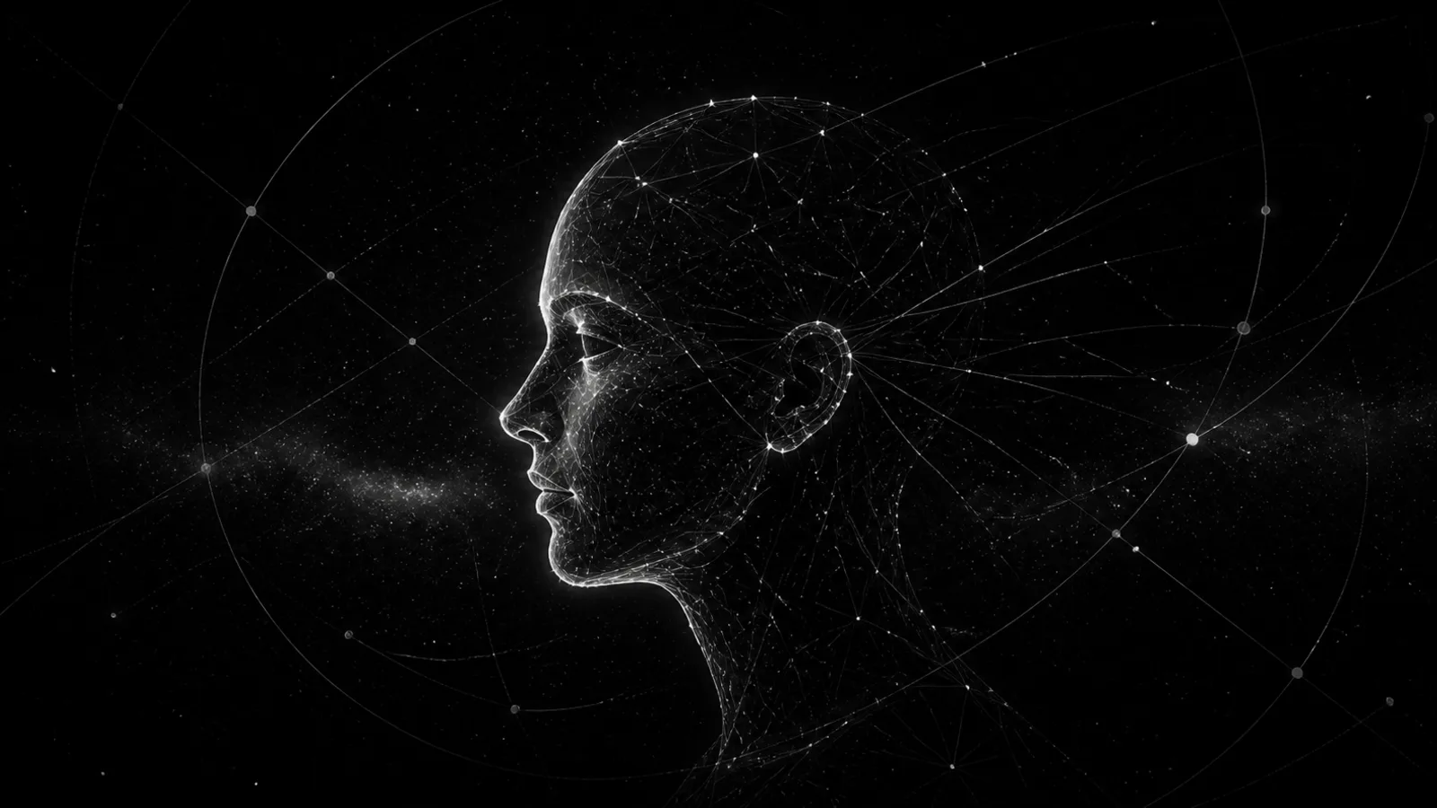 An anonymous human profile formed from constellation points and relationship lines in a monochrome starfield.