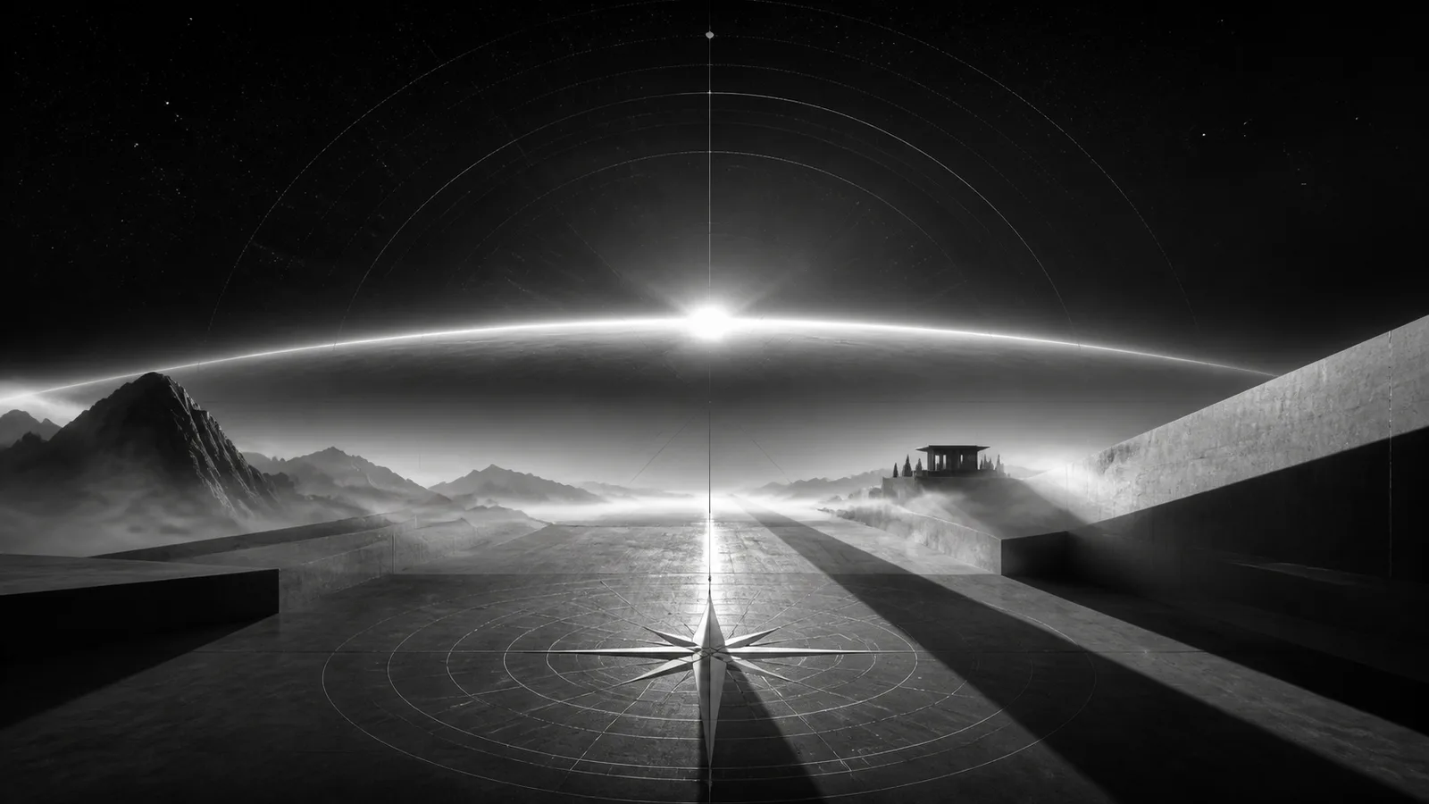 A compass-aligned architectural landscape beneath a luminous planetary horizon and monochrome starfield.