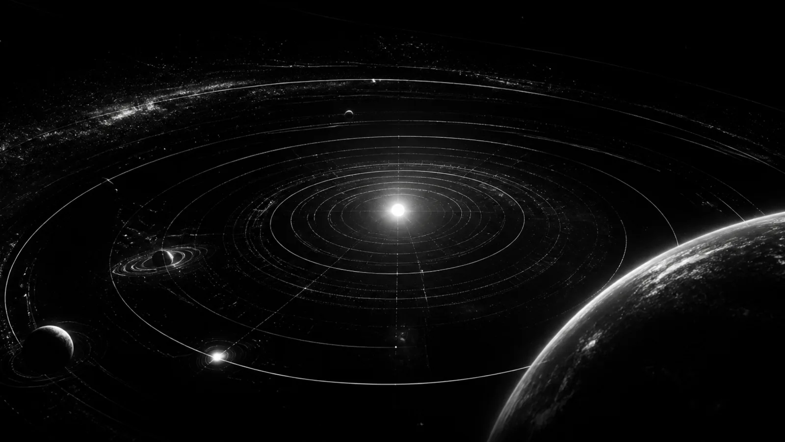 Concentric celestial orbits and planets surrounding a luminous center in a monochrome starfield.